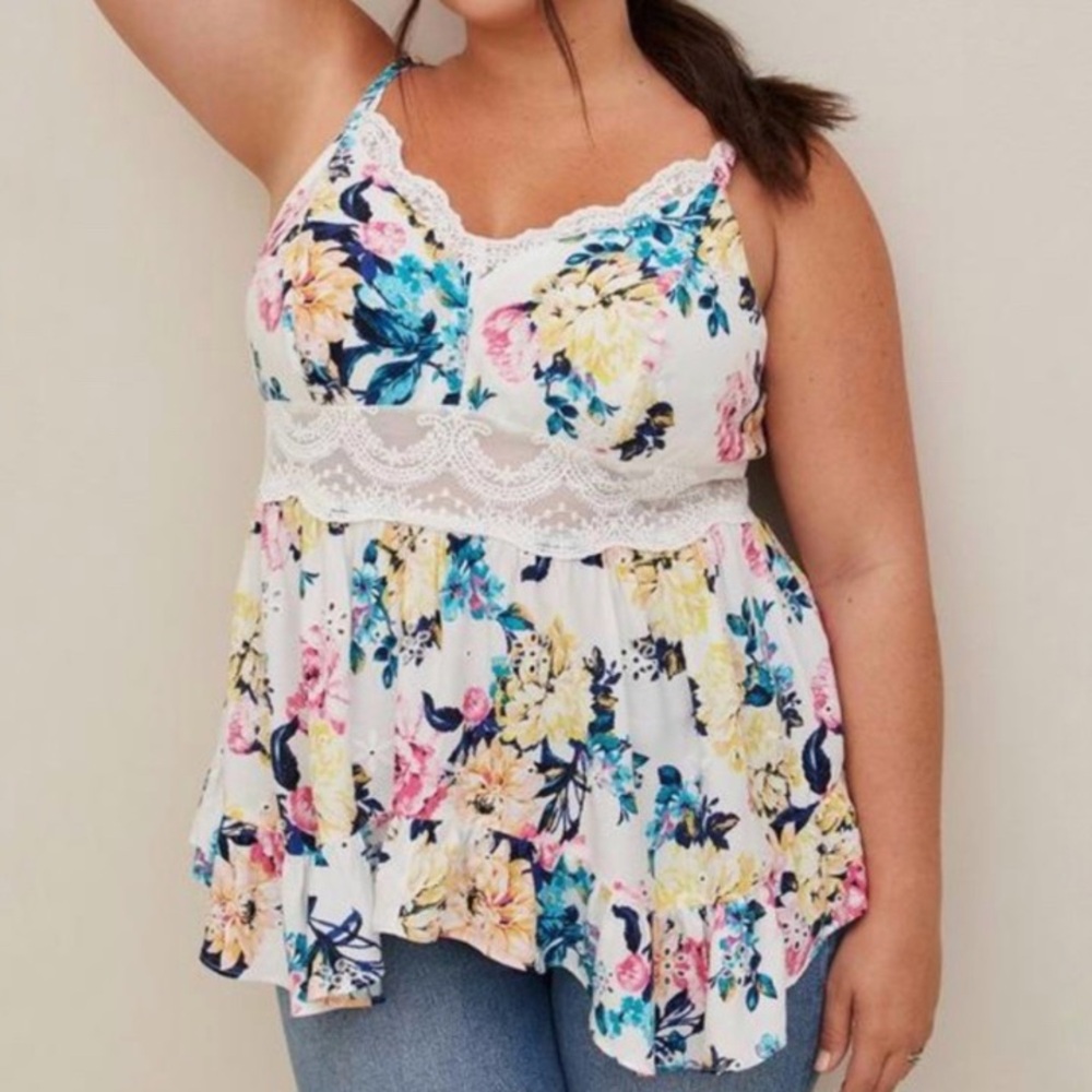 Torrid Tank Top Floral White Babydoll Eyelet w/ Lace Detail Blouse Cami 1X
